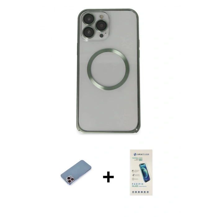 MARSİLYAN™- iPhone 13 Pro Max Kılıf Ahenk Işık Serisi - Şeffaf Pasifik Cam Ekran Koruyucu + Pembe Shine Kamera Lens Koruma Cam