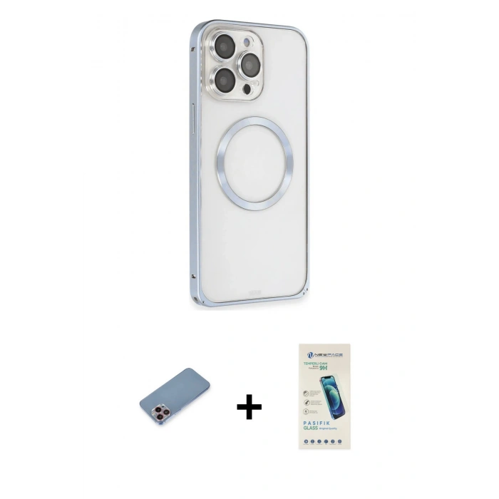 MARSİLYAN™- iPhone 13 Pro Max Kılıf Ahenk Işık Serisi - Şeffaf Pasifik Cam Ekran Koruyucu + Pembe Shine Kamera Lens Koruma Cam