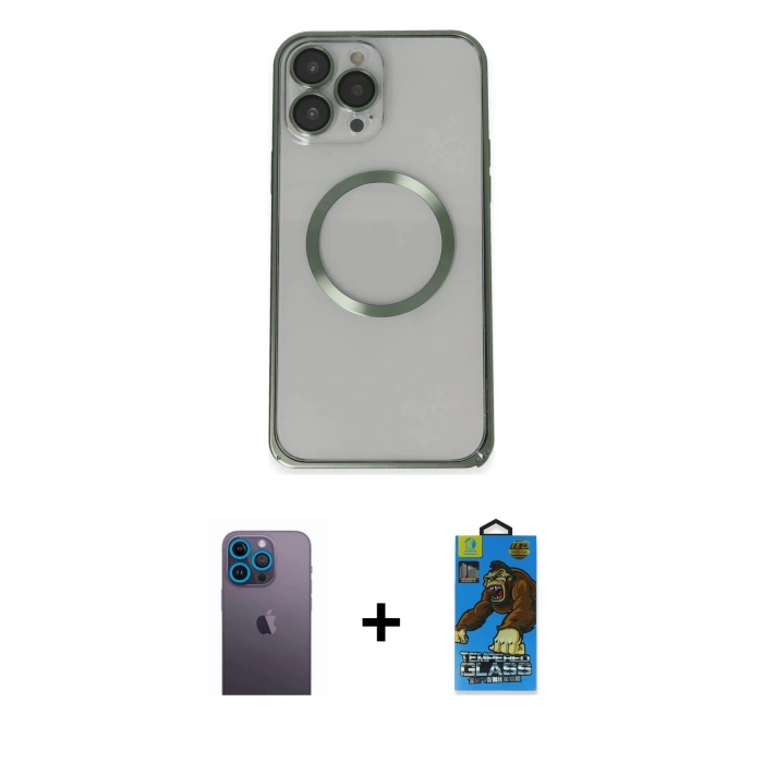 MARSİLYAN™- iPhone 13 Pro Max Kılıf Ahenk Işık Serisi - Siyah 18D Cam Ekran Koruyucu + Neon Fosforlu Kamera Lens - MI