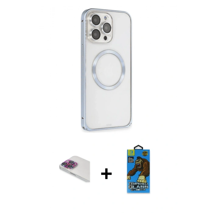 MARSİLYAN™- iPhone 13 Pro Max Kılıf Ahenk Işık Serisi - Siyah 18D Cam Ekran Koruyucu + Pers Alüminyum Kamera Lens - GI