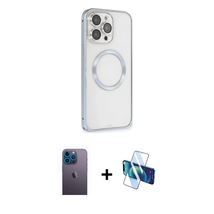 MARSİLYAN™- iPhone 13 Pro Max Kılıf Ahenk Işık Serisi - Siyah 3D Antistatik Cam Ekran Koruyucu + Neon Fosforlu Kamera Lens - MI