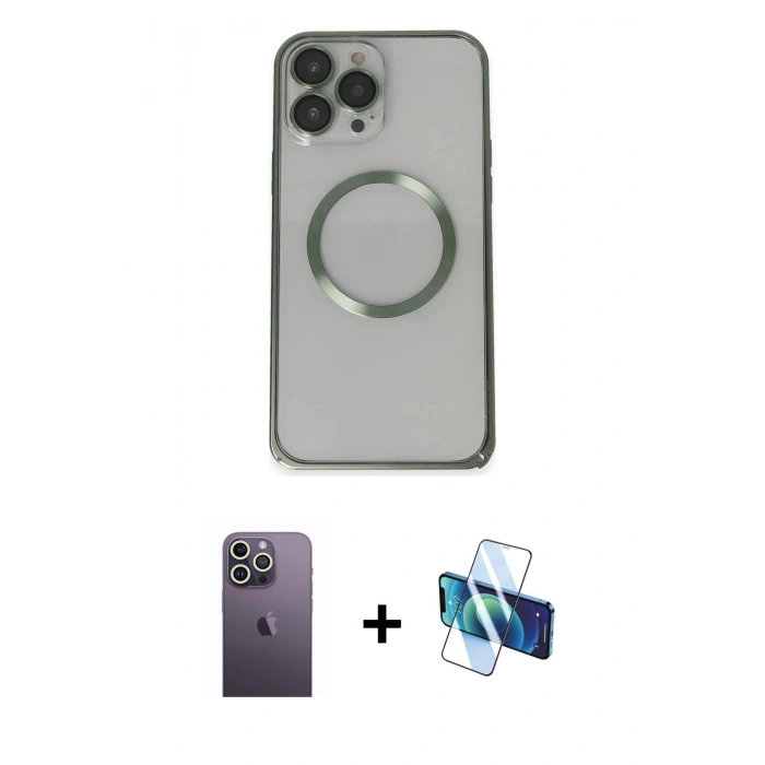 MARSİLYAN™- iPhone 13 Pro Max Kılıf Ahenk Işık Serisi - Siyah 3D Antistatik Cam Ekran Koruyucu + Neon Fosforlu Kamera Lens - BZ