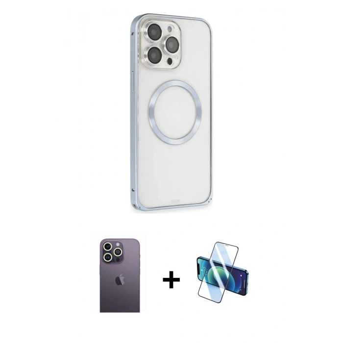 MARSİLYAN™- iPhone 13 Pro Max Kılıf Ahenk Işık Serisi - Siyah 3D Antistatik Cam Ekran Koruyucu + Neon Fosforlu Kamera Lens - BZ