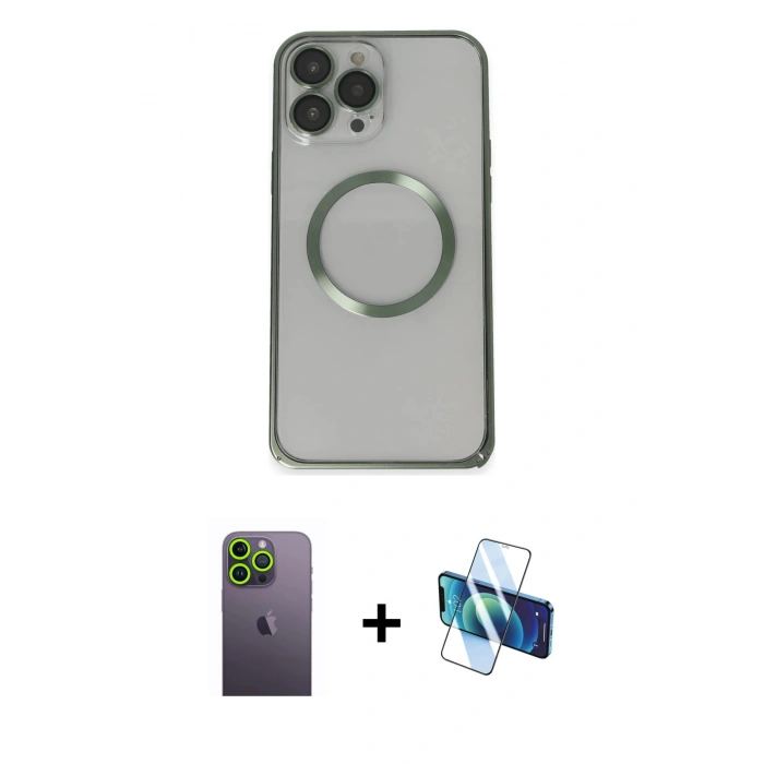 MARSİLYAN™- iPhone 13 Pro Max Kılıf Ahenk Işık Serisi - Siyah 3D Antistatik Cam Ekran Koruyucu + Neon Fosforlu Kamera Lens - YL