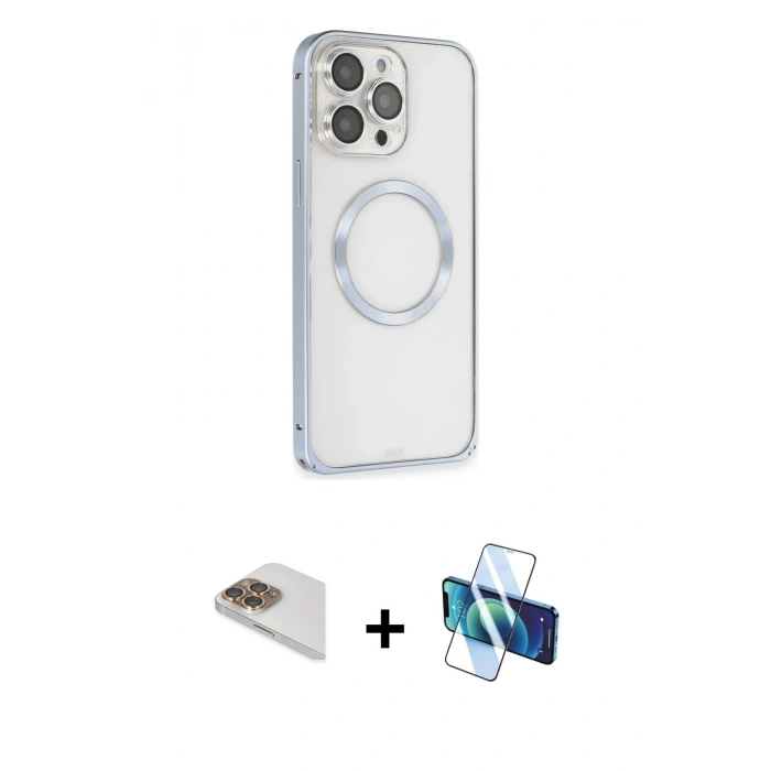 MARSİLYAN™- iPhone 13 Pro Max Kılıf Ahenk Işık Serisi - Siyah 3D Antistatik Cam Ekran Koruyucu + Pers Alüminyum Kamera Lens - GD
