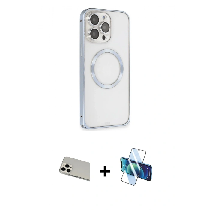 MARSİLYAN™- iPhone 13 Pro Max Kılıf Ahenk Işık Serisi - Siyah 3D Antistatik Cam Ekran Koruyucu + Rainbow Kamera Lens Koruma Cam - BZ