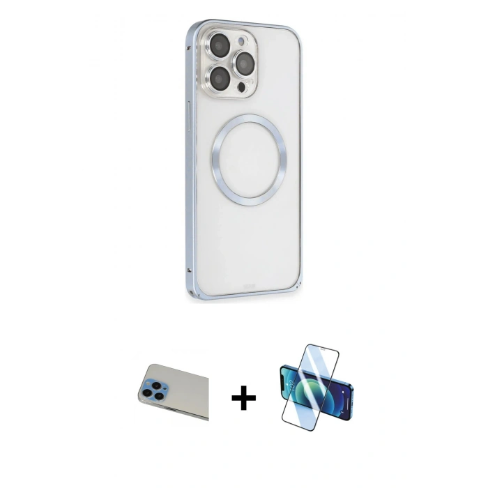 MARSİLYAN™- iPhone 13 Pro Max Kılıf Ahenk Işık Serisi - Siyah 3D Antistatik Cam Ekran Koruyucu + Rainbow Kamera Lens Koruma Cam - MI