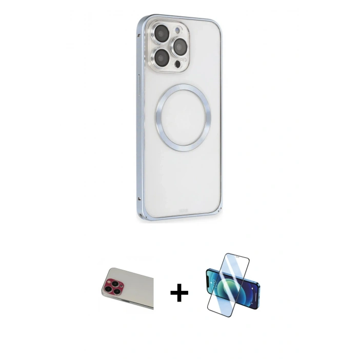 MARSİLYAN™- iPhone 13 Pro Max Kılıf Ahenk Işık Serisi - Siyah 3D Antistatik Cam Ekran Koruyucu + Rainbow Kamera Lens Koruma Cam - KI