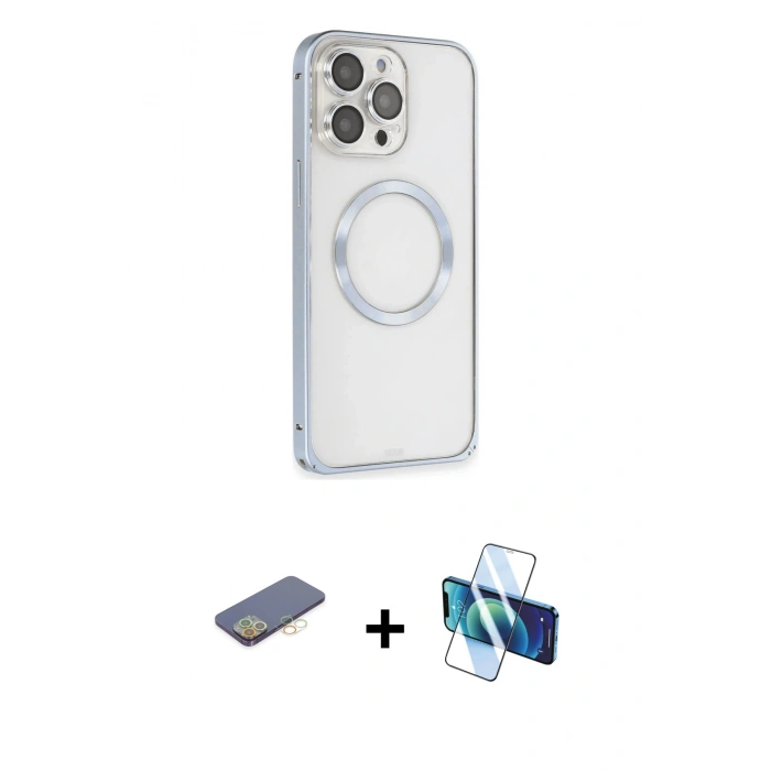 MARSİLYAN™- iPhone 13 Pro Max Kılıf Ahenk Işık Serisi - Siyah 3D Antistatik Cam Ekran Koruyucu + Renkli Kamera Lens Koruma Cam - SI