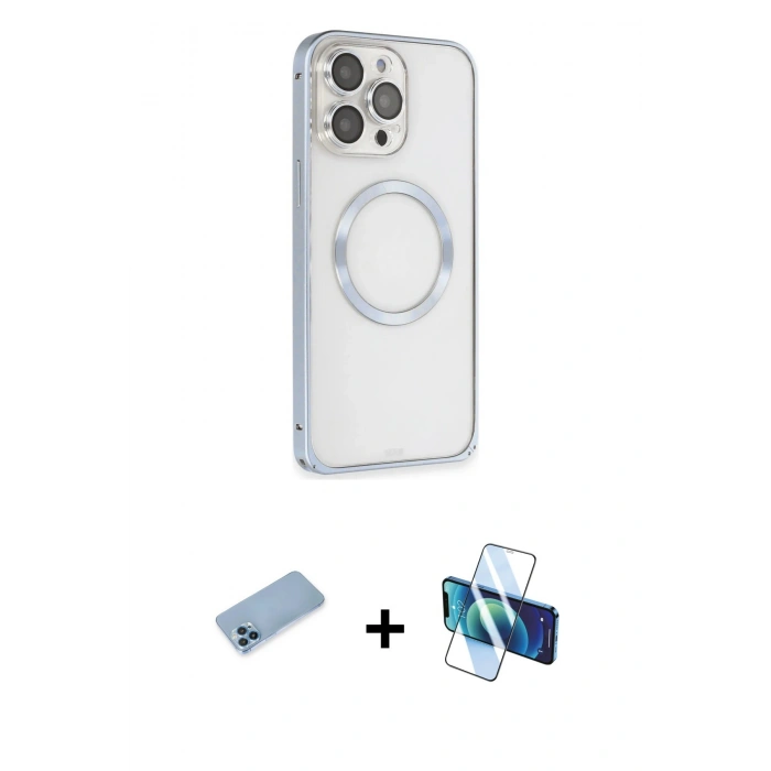 MARSİLYAN™- iPhone 13 Pro Max Kılıf Ahenk Işık Serisi - Siyah 3D Antistatik Cam Ekran Koruyucu + Shine Kamera Lens Koruma Cam - MI