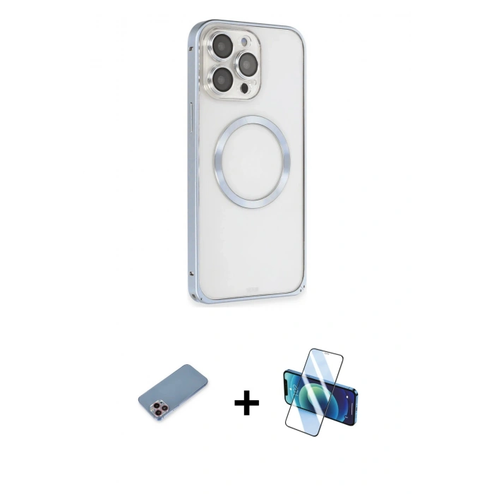 MARSİLYAN™- iPhone 13 Pro Max Kılıf Ahenk Işık Serisi - Siyah 3D Antistatik Cam Ekran Koruyucu + Shine Kamera Lens Koruma Cam - PE