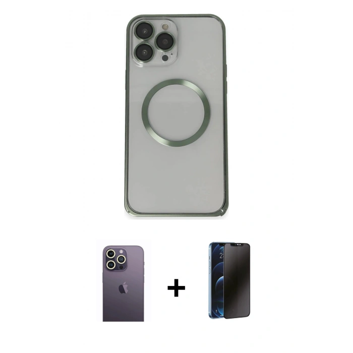 MARSİLYAN™- iPhone 13 Pro Max Kılıf Ahenk Işık Serisi - Siyah 3D Antistatik Hayalet Cam Ekran Koruyucu + Neon Fosforlu Kamera Lens - BZ