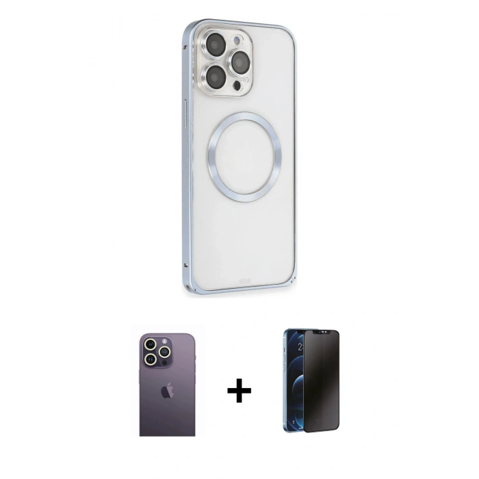 MARSİLYAN™- iPhone 13 Pro Max Kılıf Ahenk Işık Serisi - Siyah 3D Antistatik Hayalet Cam Ekran Koruyucu + Neon Fosforlu Kamera Lens - BZ