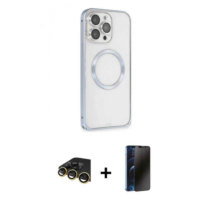 MARSİLYAN™- iPhone 13 Pro Max Kılıf Ahenk Işık Serisi - Siyah 3D Antistatik Hayalet Cam Ekran Koruyucu + Raze Metal Kamera Lens - GD