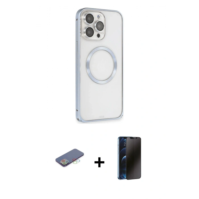 MARSİLYAN™- iPhone 13 Pro Max Kılıf Ahenk Işık Serisi - Siyah 3D Antistatik Hayalet Cam Ekran Koruyucu + Renkli Kamera Lens Koruma Cam - MI