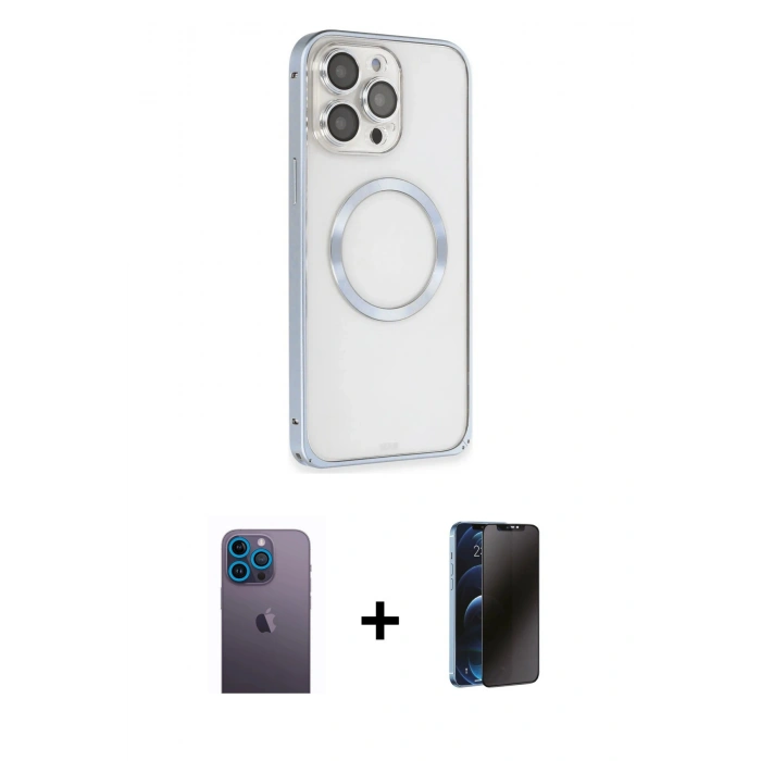 MARSİLYAN™- iPhone 13 Pro Max Kılıf Ahenk Işık Serisi - Siyah 3D Antistatik Hayalet Cam Ekran Koruyucu + Mavi Neon Fosforlu Kamera Lens