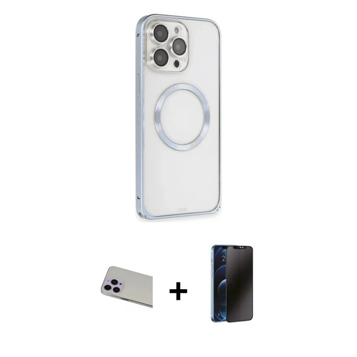 MARSİLYAN™- iPhone 13 Pro Max Kılıf Ahenk Işık Serisi - Siyah 3D Antistatik Hayalet Cam Ekran Koruyucu + Mor Rainbow Kamera Lens Koruma Cam