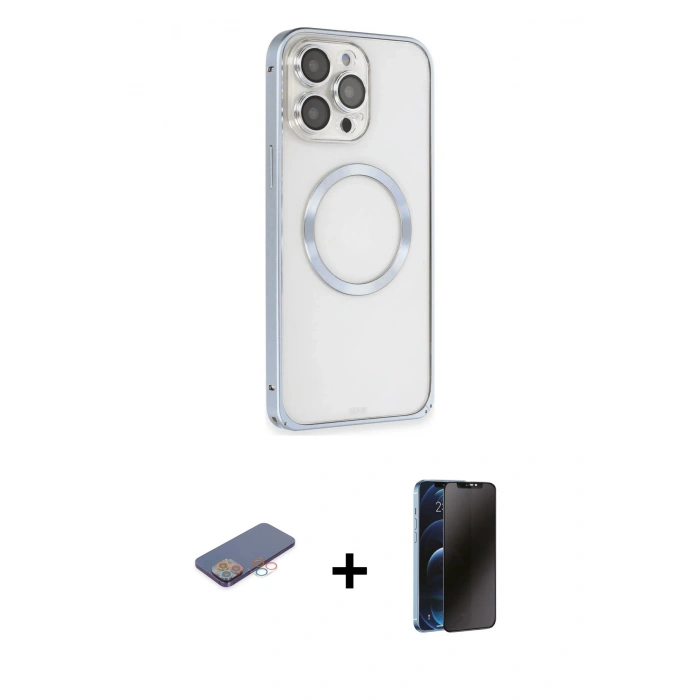 MARSİLYAN™- iPhone 13 Pro Max Kılıf Ahenk Işık Serisi - Siyah 3D Antistatik Hayalet Cam Ekran Koruyucu + Renkli Kamera Lens Koruma Cam - PE