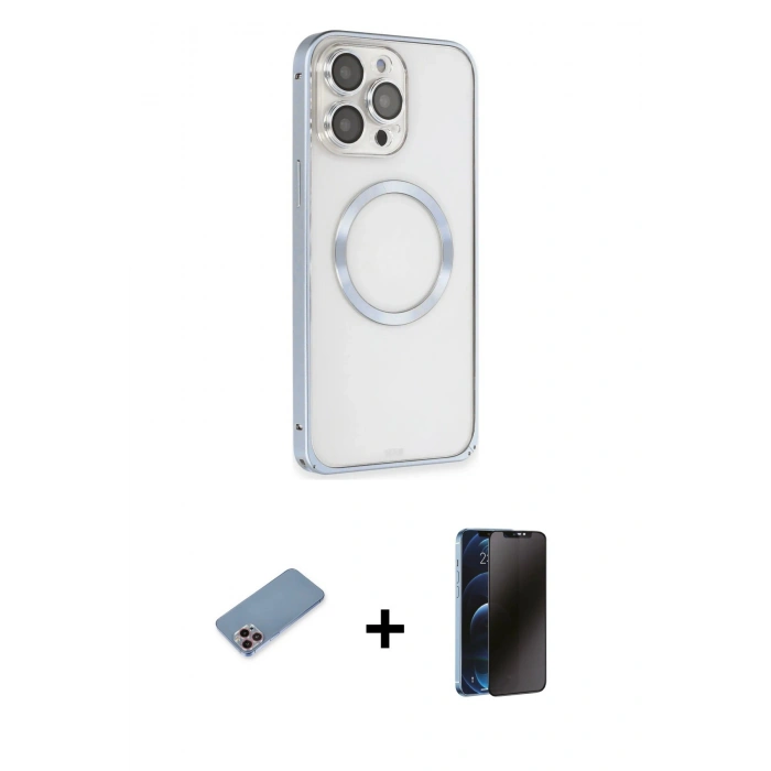 MARSİLYAN™- iPhone 13 Pro Max Kılıf Ahenk Işık Serisi - Siyah 3D Antistatik Hayalet Cam Ekran Koruyucu + Shine Kamera Lens Koruma Cam - PE