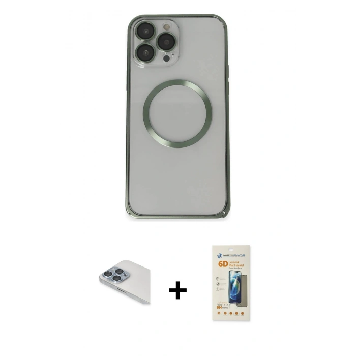 MARSİLYAN™- iPhone 13 Pro Max Kılıf Ahenk Işık Serisi - Siyah 6D Mat Seramik Hayalet Nano Ekran Koruyucu + Pers Alüminyum Kamera Lens - SABE