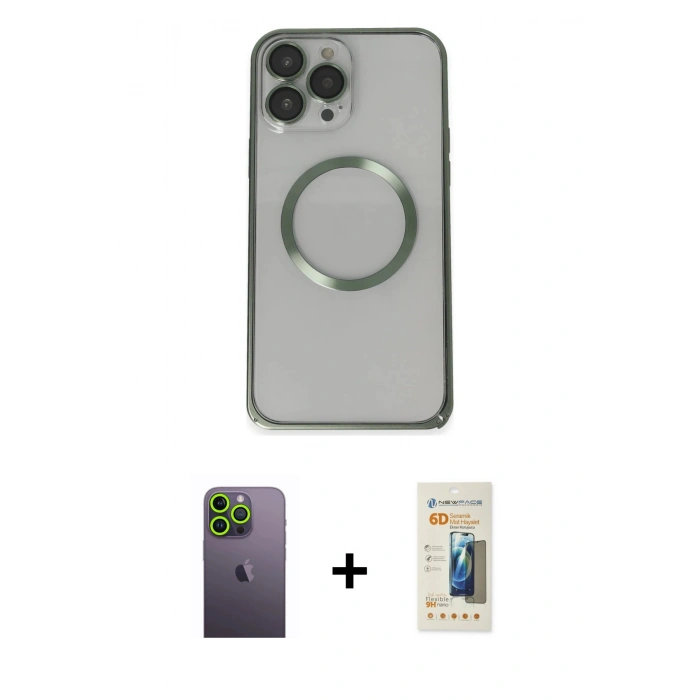 MARSİLYAN™- iPhone 13 Pro Max Kılıf Ahenk Işık Serisi - Siyah 6D Mat Seramik Hayalet Nano Ekran Koruyucu + Neon Fosforlu Kamera Lens - YL