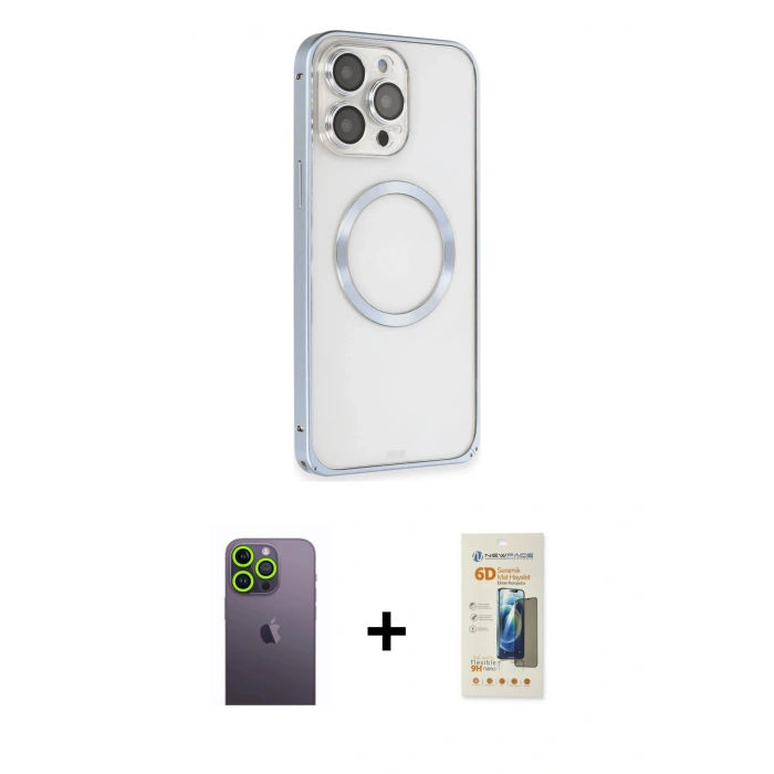 MARSİLYAN™- iPhone 13 Pro Max Kılıf Ahenk Işık Serisi - Siyah 6D Mat Seramik Hayalet Nano Ekran Koruyucu + Neon Fosforlu Kamera Lens - YL