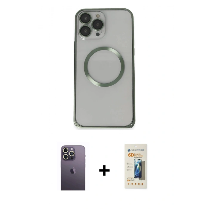 MARSİLYAN™- iPhone 13 Pro Max Kılıf Ahenk Işık Serisi - Siyah 6D Mat Seramik Hayalet Nano Ekran Koruyucu + Neon Fosforlu Kamera Lens - BZ