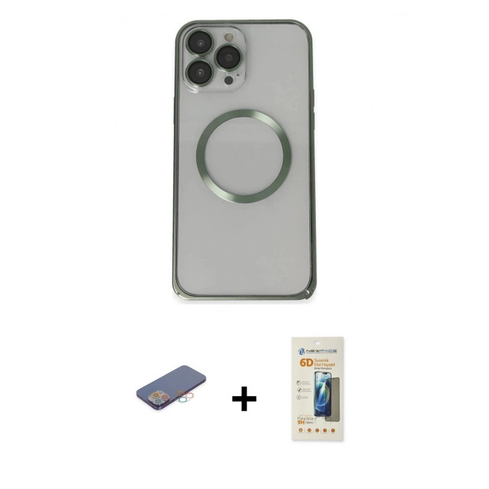 MARSİLYAN™- iPhone 13 Pro Max Kılıf Ahenk Işık Serisi - Siyah 6D Mat Seramik Hayalet Nano Ekran Koruyucu + Pembe Renkli Kamera Lens Koruma Cam