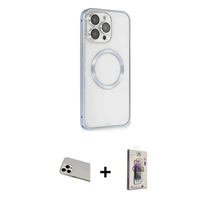 MARSİLYAN™- iPhone 13 Pro Max Kılıf Ahenk Işık Serisi - Siyah Bilvis 3D Cam Ekran Koruyucu + Beyaz Rainbow Kamera Lens Koruma Cam