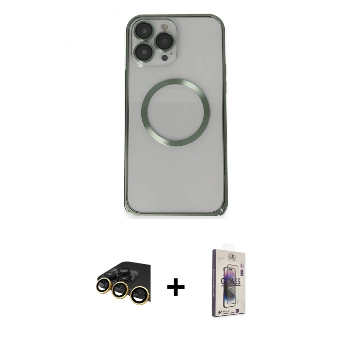 MARSİLYAN™- iPhone 13 Pro Max Kılıf Ahenk Işık Serisi - Siyah Bilvis 3D Cam Ekran Koruyucu + Gold Raze Metal Kamera Lens