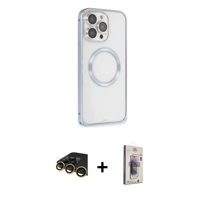 MARSİLYAN™- iPhone 13 Pro Max Kılıf Ahenk Işık Serisi - Siyah Bilvis 3D Cam Ekran Koruyucu + Gold Raze Metal Kamera Lens