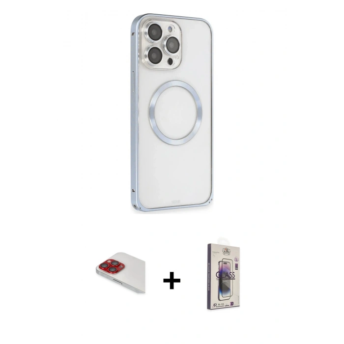 MARSİLYAN™- iPhone 13 Pro Max Kılıf Ahenk Işık Serisi - Siyah Bilvis 3D Cam Ekran Koruyucu + Kırmızı Pers Alüminyum Kamera Lens