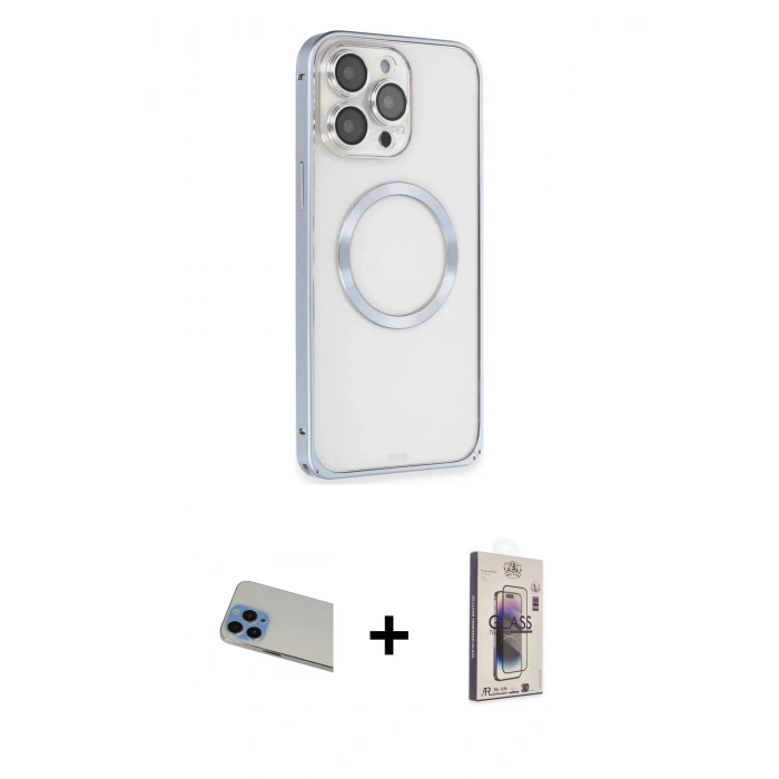 MARSİLYAN™- iPhone 13 Pro Max Kılıf Ahenk Işık Serisi - Siyah Bilvis 3D Cam Ekran Koruyucu + Mavi Rainbow Kamera Lens Koruma Cam