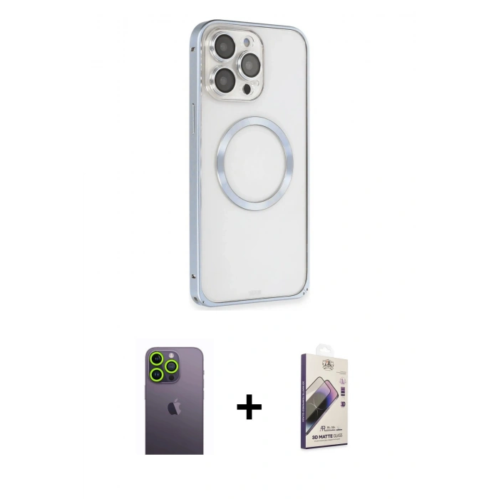 MARSİLYAN™- iPhone 13 Pro Max Kılıf Ahenk Işık Serisi - Siyah Bilvis 3D Mat Cam Ekran Koruyucu + Neon Fosforlu Kamera Lens - YL