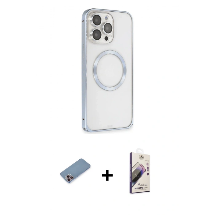 MARSİLYAN™- iPhone 13 Pro Max Kılıf Ahenk Işık Serisi - Siyah Bilvis 3D Mat Cam Ekran Koruyucu + Pembe Shine Kamera Lens Koruma Cam