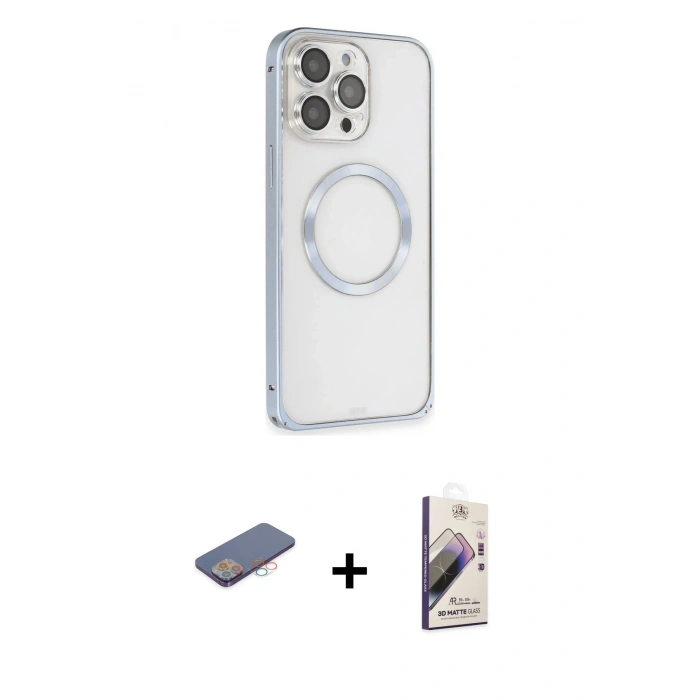 MARSİLYAN™- iPhone 13 Pro Max Kılıf Ahenk Işık Serisi - Siyah Bilvis 3D Mat Cam Ekran Koruyucu + Renkli Kamera Lens Koruma Cam - PE