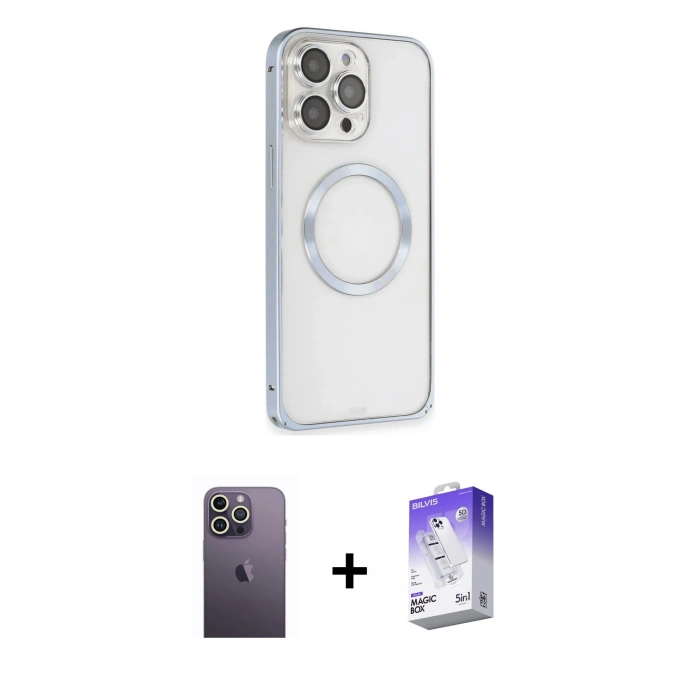 MARSİLYAN™- iPhone 13 Pro Max Kılıf Ahenk Işık Serisi - Siyah Bilvis 5in1 3D Magic Cam Ekran Koruyucu + Beyaz Neon Fosforlu Kamera Lens