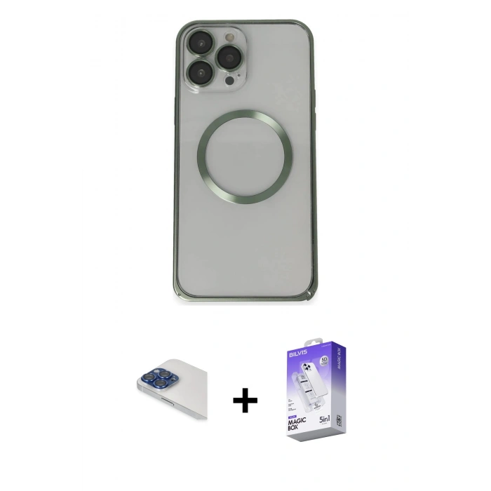 MARSİLYAN™- iPhone 13 Pro Max Kılıf Ahenk Işık Serisi - Siyah Bilvis 5in1 3D Magic Cam Ekran Koruyucu + Lacivert Pers Alüminyum Kamera Lens
