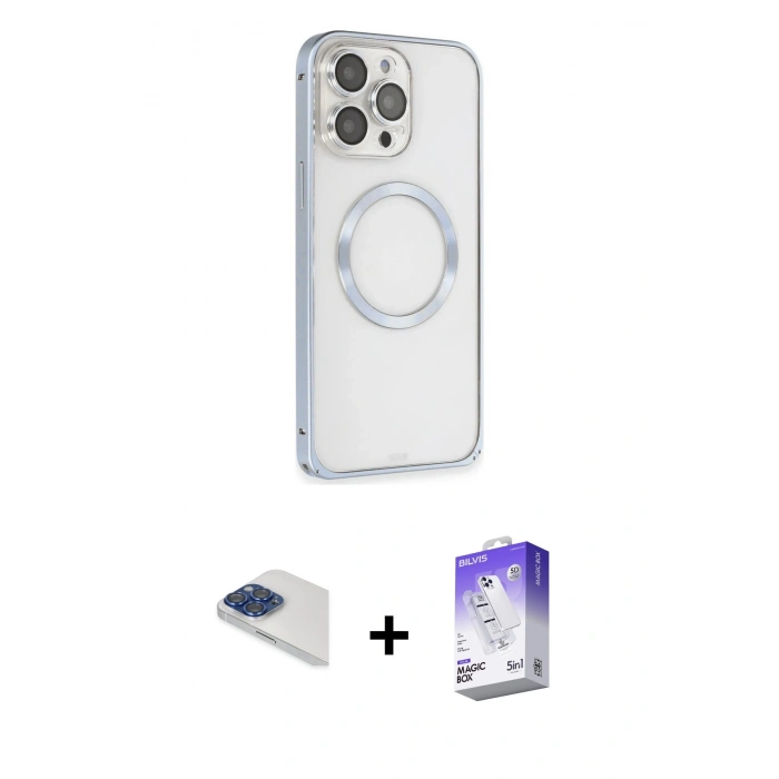MARSİLYAN™- iPhone 13 Pro Max Kılıf Ahenk Işık Serisi - Siyah Bilvis 5in1 3D Magic Cam Ekran Koruyucu + Lacivert Pers Alüminyum Kamera Lens