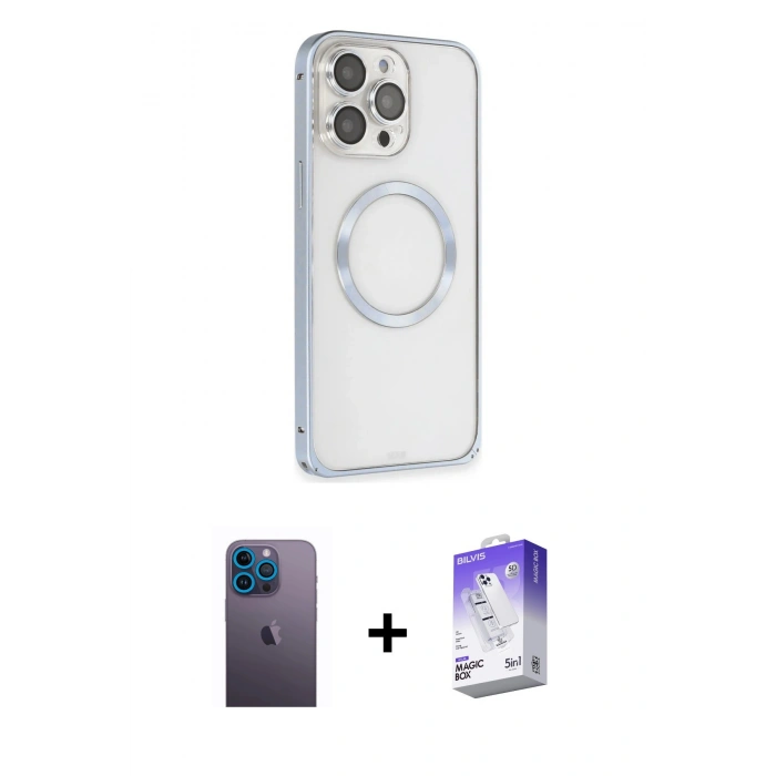 MARSİLYAN™- iPhone 13 Pro Max Kılıf Ahenk Işık Serisi - Siyah Bilvis 5in1 3D Magic Cam Ekran Koruyucu + Mavi Neon Fosforlu Kamera Lens