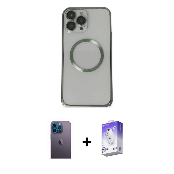 MARSİLYAN™- iPhone 13 Pro Max Kılıf Ahenk Işık Serisi - Siyah Bilvis 5in1 3D Magic Cam Ekran Koruyucu + Mavi Neon Fosforlu Kamera Lens