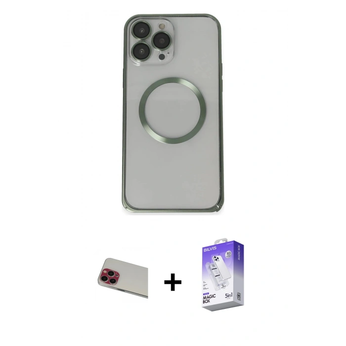 MARSİLYAN™- iPhone 13 Pro Max Kılıf Ahenk Işık Serisi - Siyah Bilvis 5in1 3D Magic Cam Ekran Koruyucu + Rainbow Kamera Lens Koruma Cam - KI