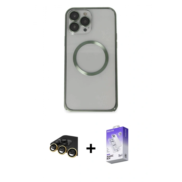 MARSİLYAN™- iPhone 13 Pro Max Kılıf Ahenk Işık Serisi - Siyah Bilvis 5in1 3D Magic Cam Ekran Koruyucu + Raze Metal Kamera Lens - GD