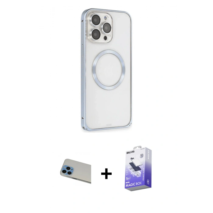 MARSİLYAN™- iPhone 13 Pro Max Kılıf Ahenk Işık Serisi - Siyah Bilvis 5in1 5D Magic Hayalet Cam Ekran Koruyucu + Mavi Rainbow Kamera Lens Koruma Cam