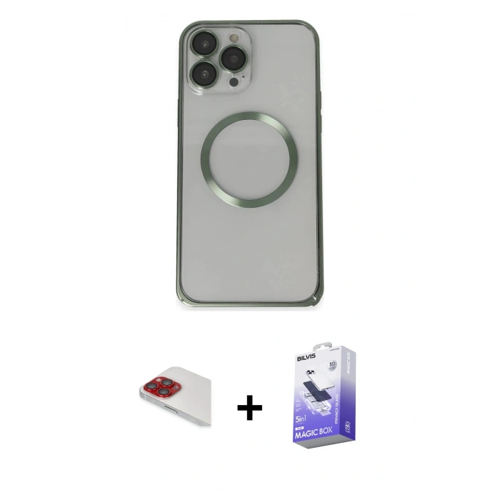 MARSİLYAN™- iPhone 13 Pro Max Kılıf Ahenk Işık Serisi - Siyah Bilvis 5in1 5D Magic Hayalet Cam Ekran Koruyucu + Pers Alüminyum Kamera Lens - KI