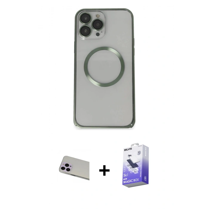 MARSİLYAN™- iPhone 13 Pro Max Kılıf Ahenk Işık Serisi - Siyah Bilvis 5in1 5D Magic Hayalet Cam Ekran Koruyucu + Rainbow Kamera Lens Koruma Cam - MR