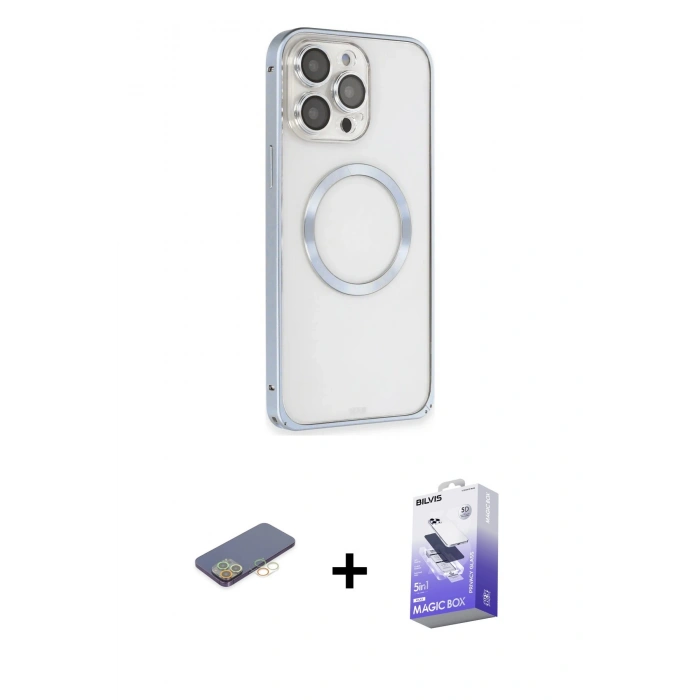 MARSİLYAN™- iPhone 13 Pro Max Kılıf Ahenk Işık Serisi - Siyah Bilvis 5in1 5D Magic Hayalet Cam Ekran Koruyucu + Sarı Renkli Kamera Lens Koruma Cam