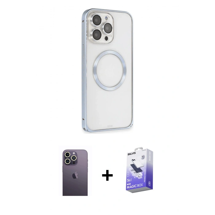 MARSİLYAN™- iPhone 13 Pro Max Kılıf Ahenk Işık Serisi - Siyah Bilvis 5in1 5D Magic Hayalet Cam Ekran Koruyucu + Neon Fosforlu Kamera Lens - BZ