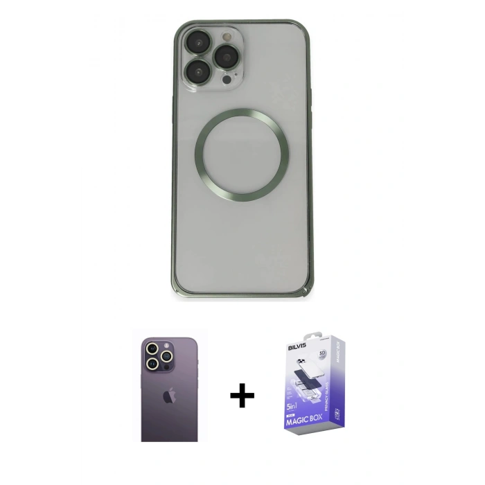 MARSİLYAN™- iPhone 13 Pro Max Kılıf Ahenk Işık Serisi - Siyah Bilvis 5in1 5D Magic Hayalet Cam Ekran Koruyucu + Neon Fosforlu Kamera Lens - BZ
