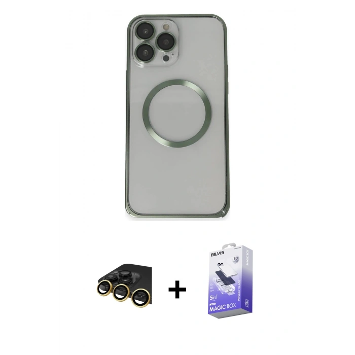 MARSİLYAN™- iPhone 13 Pro Max Kılıf Ahenk Işık Serisi - Siyah Bilvis 5in1 5D Magic Hayalet Cam Ekran Koruyucu + Raze Metal Kamera Lens - GD